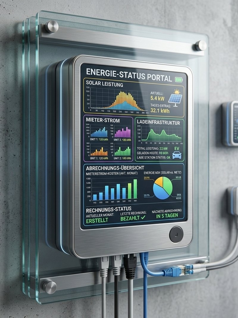 Energie-Status-Portal an einer Gebäudewand zur Überwachung von Photovoltaik und Mieterstrom