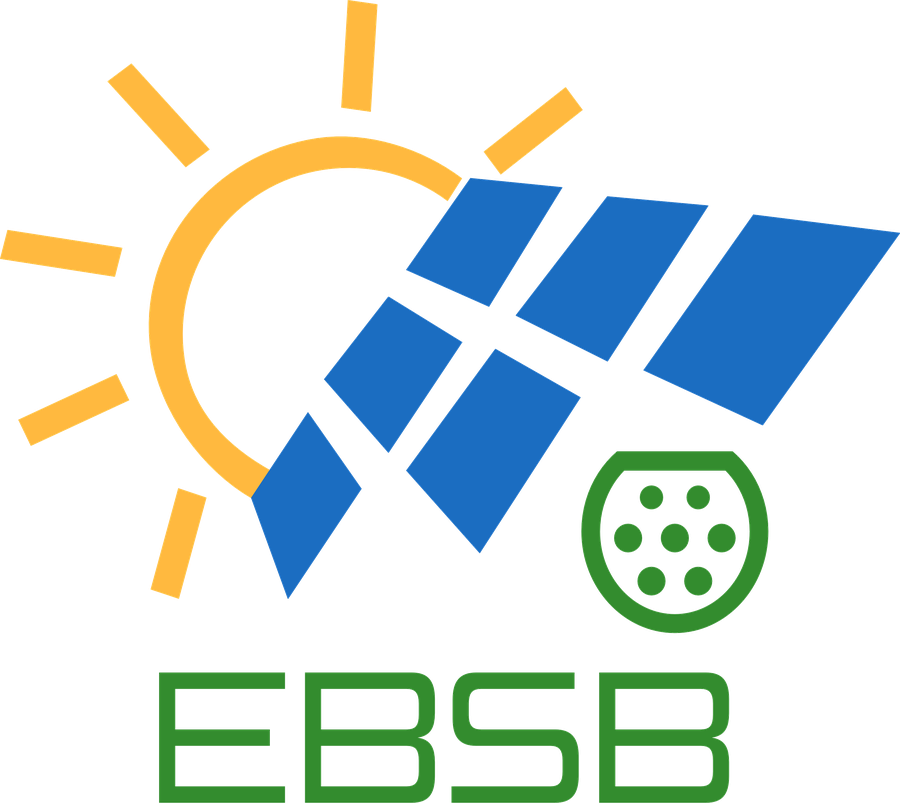Logo der EBSB GmbH: Sonne, Photovoltaikmodule und Ladestecker