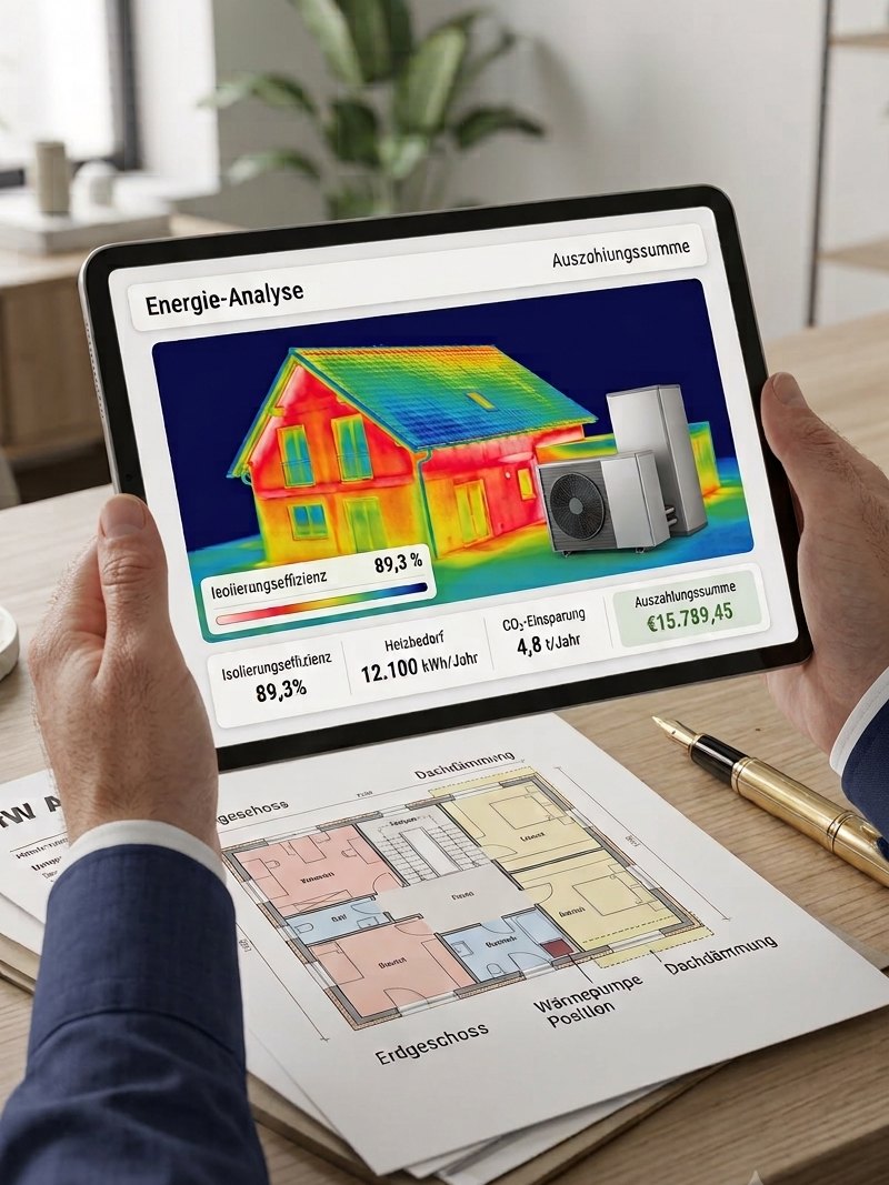 Thermografische Energieanalyse eines Wohnhauses auf einem Tablet