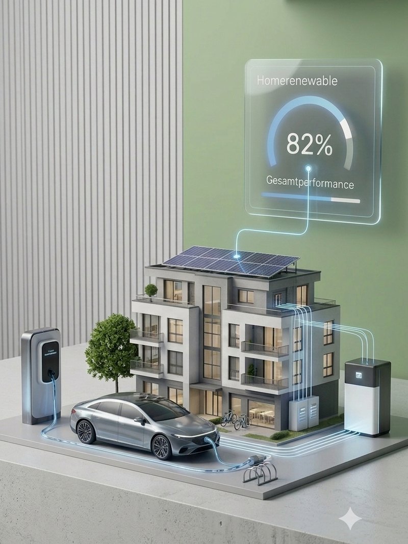 Gebäudemodell mit Photovoltaik, Batteriespeicher und Ladepunkt für Elektrofahrzeuge